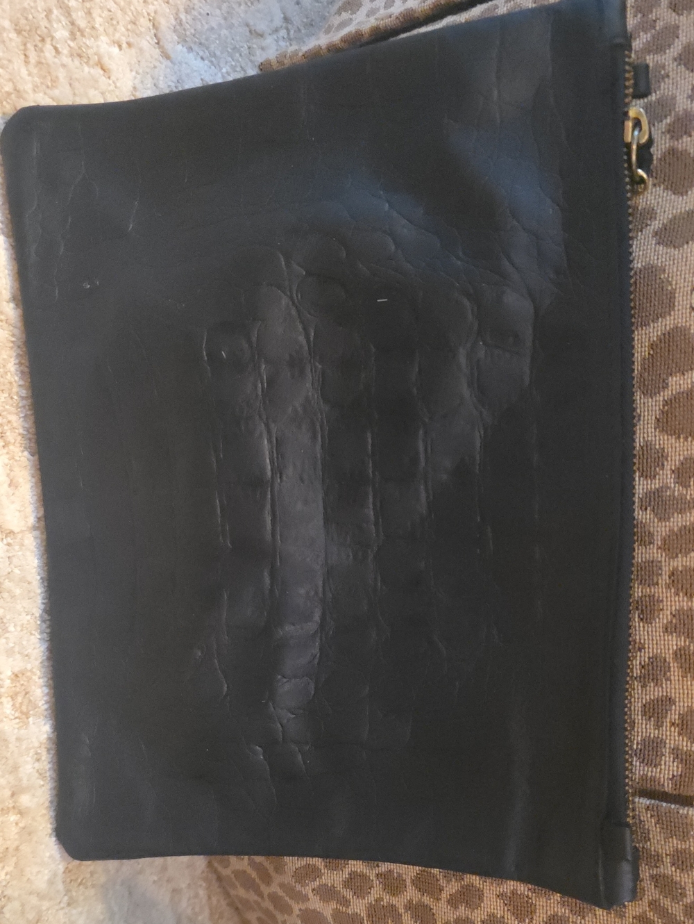 Vash Black Leather Croc-Embossed Zip Clutch